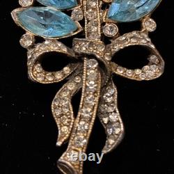 Vintage STARET Signed Aqua Rhinestone Leaf Bow Brooch Mid Century Statement