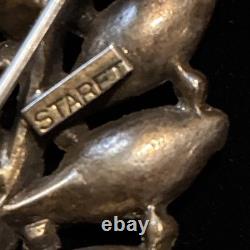 Vintage STARET Signed Aqua Rhinestone Leaf Bow Brooch Mid Century Statement