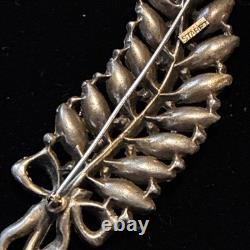 Vintage STARET Signed Aqua Rhinestone Leaf Bow Brooch Mid Century Statement
