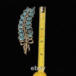Vintage STARET Signed Aqua Rhinestone Leaf Bow Brooch Mid Century Statement
