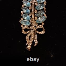 Vintage STARET Signed Aqua Rhinestone Leaf Bow Brooch Mid Century Statement