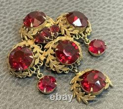 Vintage Sandor Large Statement Brooch Pin Filigree Dangles Huge Red Rhinestones