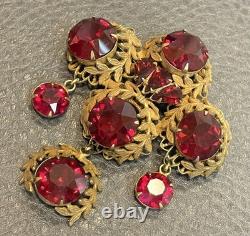 Vintage Sandor Large Statement Brooch Pin Filigree Dangles Huge Red Rhinestones