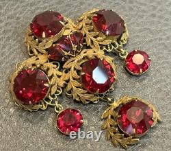 Vintage Sandor Large Statement Brooch Pin Filigree Dangles Huge Red Rhinestones