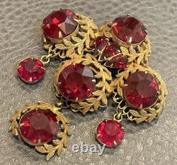 Vintage Sandor Large Statement Brooch Pin Filigree Dangles Huge Red Rhinestones