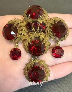 Vintage Sandor Large Statement Brooch Pin Filigree Dangles Huge Red Rhinestones