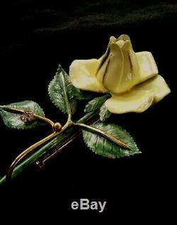 Vintage Sandor large enamelled yellow rose brooch with rhinestone 3.5