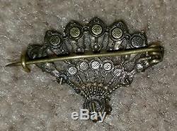 Vintage Saphiret Rhinestone Fan Brooch Pin Antique