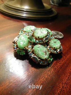 Vintage Schiaparelli Signed Green Lava Stone AB Rhinestone Brooch Pin Swarovski
