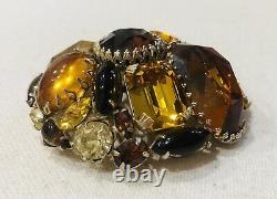 Vintage Schreiner Amber, Citrine & Yellow Rhinestone Brooch / Necklace Pendant