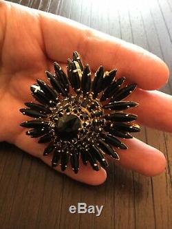 Vintage Schreiner Jet Black Rhinestone Ruffle Flower Brooch Pin