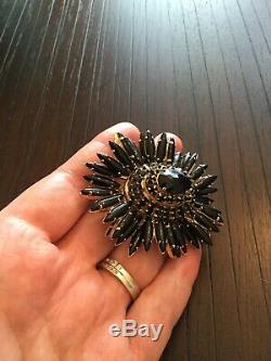 Vintage Schreiner Jet Black Rhinestone Ruffle Flower Brooch Pin