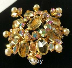 Vintage Schreiner N. Y Brooch & Earrings Set- Rhinestones/Pearls/Gold ToneSigned