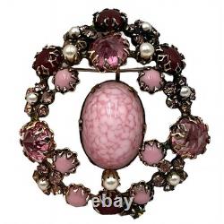 Vintage Schreiner New York Brooch Pink Marbled Cabochon Rhinestones Faux Pearls
