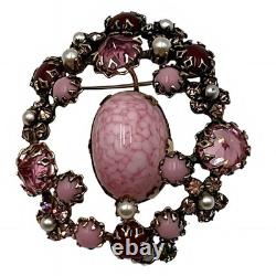 Vintage Schreiner New York Brooch Pink Marbled Cabochon Rhinestones Faux Pearls