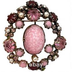 Vintage Schreiner New York Brooch Pink Marbled Cabochon Rhinestones Faux Pearls