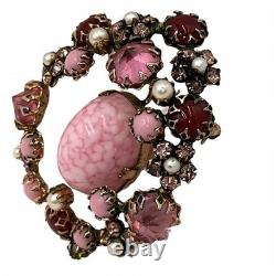 Vintage Schreiner New York Brooch Pink Marbled Cabochon Rhinestones Faux Pearls