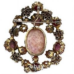 Vintage Schreiner New York Brooch Pink Marbled Cabochon Rhinestones Faux Pearls
