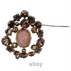 Vintage Schreiner New York Brooch Pink Marbled Cabochon Rhinestones Faux Pearls