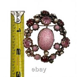 Vintage Schreiner New York Brooch Pink Marbled Cabochon Rhinestones Faux Pearls