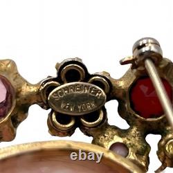Vintage Schreiner New York Brooch Pink Marbled Cabochon Rhinestones Faux Pearls