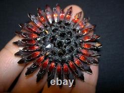 Vintage Schreiner Red Ruby Onyx Rhinestone Ruffle Sun Flower Dome Brooch Pin