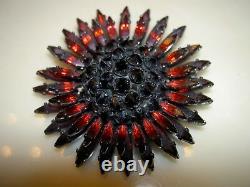Vintage Schreiner Red Ruby Onyx Rhinestone Ruffle Sun Flower Dome Brooch Pin