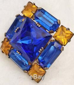 Vintage Schreiner Rhinestone Pin Brooch Earrings Set Blue Golden Topaz Color-Box