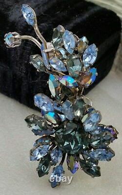 Vintage Schreiner Signed Blue And AB Rhinestone Flower Trembler Pin Brooch