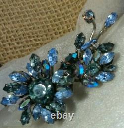 Vintage Schreiner Signed Blue And AB Rhinestone Flower Trembler Pin Brooch