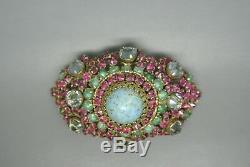 Vintage Schreiner book piece pink green glass rhinestones structure brooch
