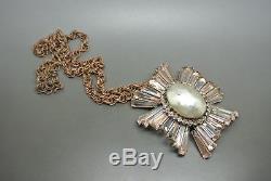 Vintage Schreiner clear rhinestones faux pearl ruffle flower necklace brooch