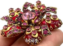 Vintage Selini Pink Rhinestone & Jellybean Brooch Pin Costume Jewelry Gold Tone