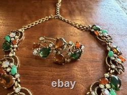 Vintage Selro Selina Silver Tone Multi-color Rhinestone Necklace And Brooch