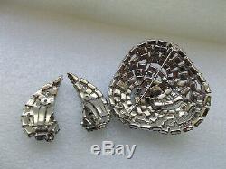 Vintage Sherman Teal Rhinestone Trinity Circle Pin Brooch Earring Set