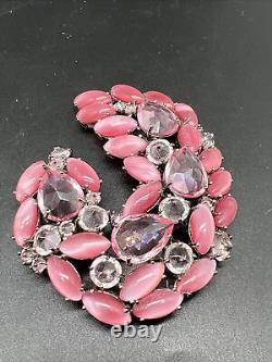 Vintage Signed 925 Large Pink Moon Glow Glass and Rhinestone 3.2 Brooch Pin