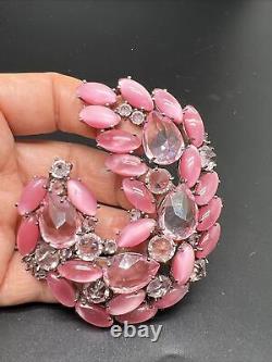 Vintage Signed 925 Large Pink Moon Glow Glass and Rhinestone 3.2 Brooch Pin
