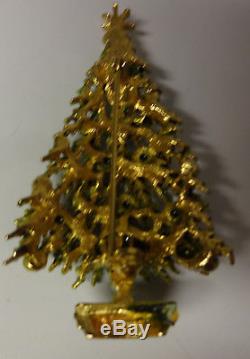 Vintage Signed ART Christmas Tree Snow Branch Enamel Color Rhinestone Pin Brooch