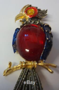 Vintage Signed ART Enamel Jelly Belly Rhinestone Bird Parrot Pin Brooch