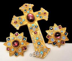 Vintage Signed ART Goldtone Jeweled 3-1/4 Maltese Cross Brooch & Clip Earring