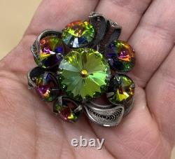 Vintage Signed Alice Caviness Brooch Watermelon Rivoli Silver Tone