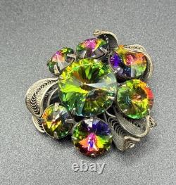Vintage Signed Alice Caviness Brooch Watermelon Rivoli Silver Tone