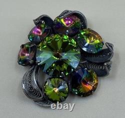 Vintage Signed Alice Caviness Brooch Watermelon Rivoli Silver Tone