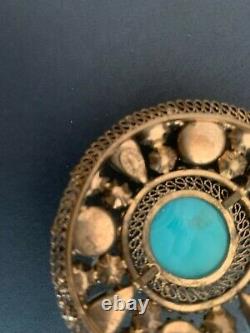 Vintage Signed Austria Marbleized Turquoise Pearl Rhinestone Pin Brooch Fine