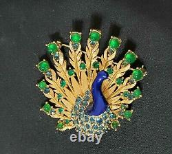 Vintage Signed BOUCHER Gold Tone Rhinestones Enamel Peacock Brooch 8908