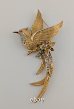 Vintage Signed Boucher 7471 Gold Tone Pastel Rhinestone Bird Of Paradise Brooch