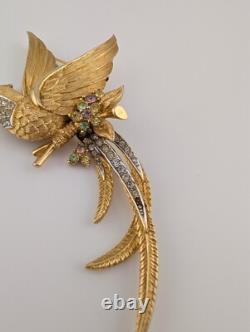 Vintage Signed Boucher 7471 Gold Tone Pastel Rhinestone Bird Of Paradise Brooch