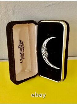 Vintage Signed CHRISTIAN DIOR Silver Tone Rhinestone CRESCENT MOON Brooch Pin