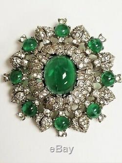 Vintage Signed CINER Jewels of India Flawed Emerald Cabochon Rhinestone Brooch