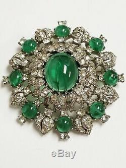 Vintage Signed CINER Jewels of India Flawed Emerald Cabochon Rhinestone Brooch